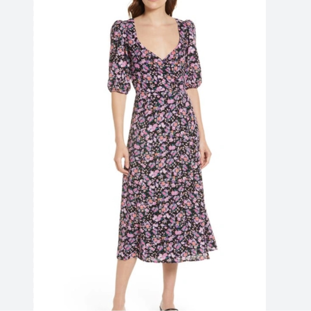 Charles Henry Faux Wrap Midi Dress Size XL Women Floral Preppy In Fuchsia Ditsy